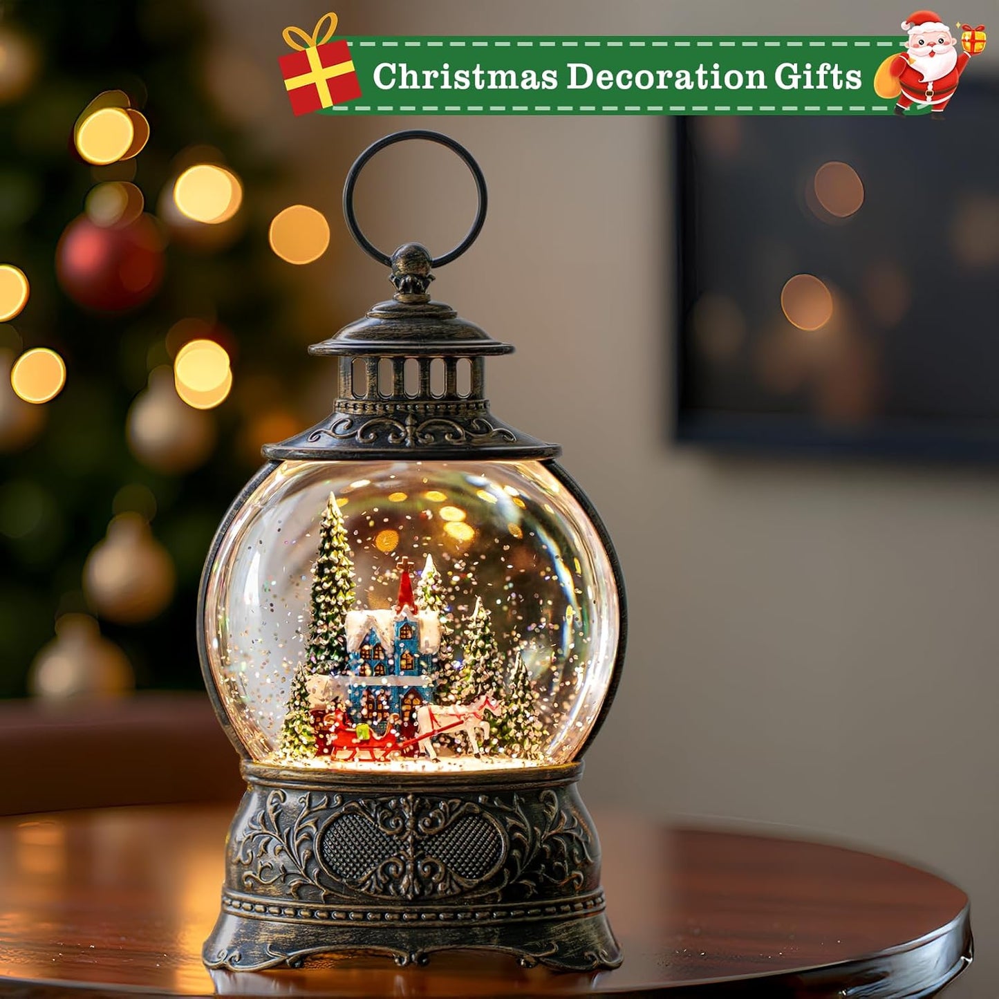 Christmas Snow Globes Christmas Water Lantern with Carriage Blue Church, Music & 6H Timer, USB Lined/Battery Operated Lighted Lanterns for Xmas Festival Decoration Gifts