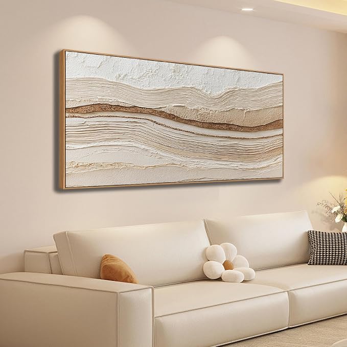 Sorbrozo 3D Abstract Textured Wall Art 20x40 Inch Framed Neutral Beige and Gold Wavy Landscape Canvas Print Modern Decor for Living Room Bedroom & Office