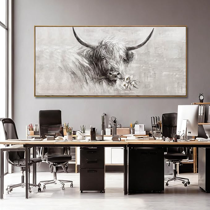 Framed Extra Large Gray Gold and White Cow Canvas Wall Art with Flower Modern Farmhouse Animal Poster for Living Room Bedroom Office Wall Decor 40x88 Inch