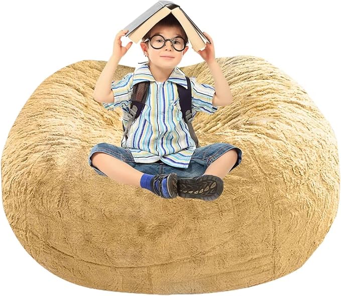 BCU Bean Bag Cover Comfy Beanbag Chair for Adults Without Filler Faux Fur Floor Chair Lazy Sofa Cover Comfy for Living Room Chairs, Lemon Yellow, 3.5FT