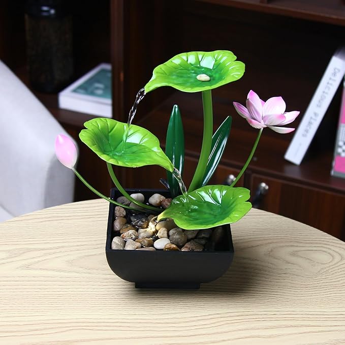Water Fountain Indoor Waterfall Fountain 3-Tier Tabletop Fountain Lotus Desk Relaxation Home Decor Including Lots of Rocks and Soothing Sound Machine (Green 1)