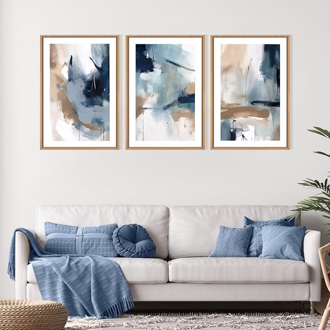 LHIUEM Large Abstract Navy Blue Framed Canvas Wall Art,Neutral Brush Stroke Wall Decor,Modern Pastel Brown Wall Painting,Minimalist Shapes Artwork for Living Room,Bedroom,Office- 16"x24"x3