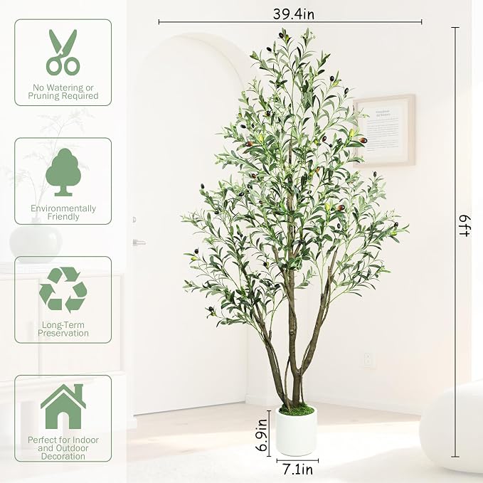 Caxchiling Artificial Olive Tree 6FT, Indoor Outdoor Faux Tree | Natural Trunk with Olive Fruits and Buds in White Planter for Home Office Living Room