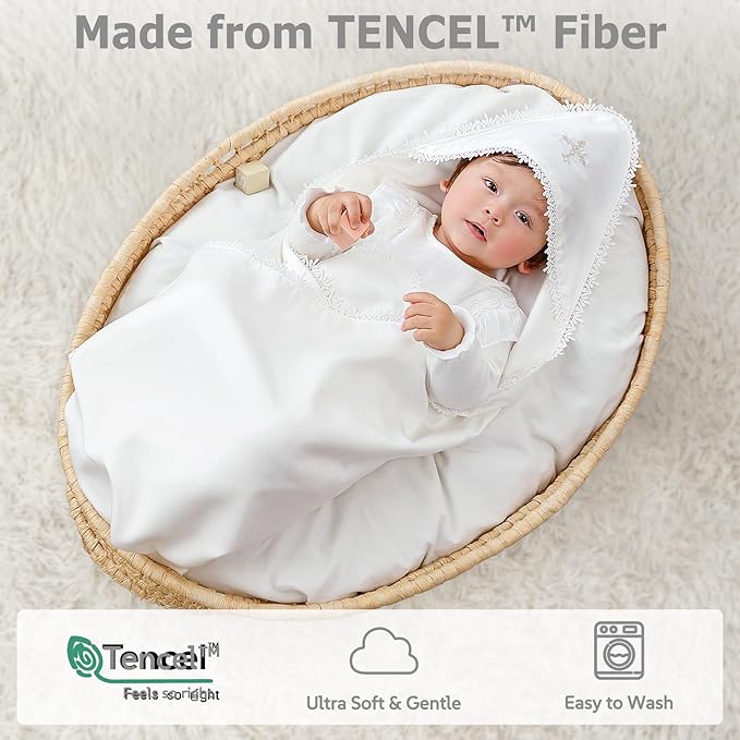 Tencel Christening Baby Blanket – Soft Lyocell Baptism Blanket with Classic Lace Border and Minimal Cross Embroidery, 39.4×39.4 in, Timeless Heirloom Gift for Boys & Girls