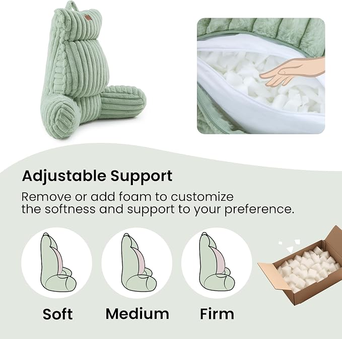 Amélie Home Faux Fur Reading Pillow with Pocket for Sitting in Bed, Adult Backrest Bed Pillow with Washable Cover for Lounging, Watching TV/Gaming/Resting/Post/Surgery/Nursing, Sage Green 25 inches