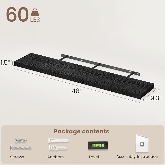 Vivelove 48 Inch Floating Shelves, Deep Wall Shelves with Invisible Brackets, Display Shlf for Bathroom Living Room Kitchen Bedroom Office Farmhouse Home Decor, 48" X 9.3" X 1.5" - Set of 2, Black