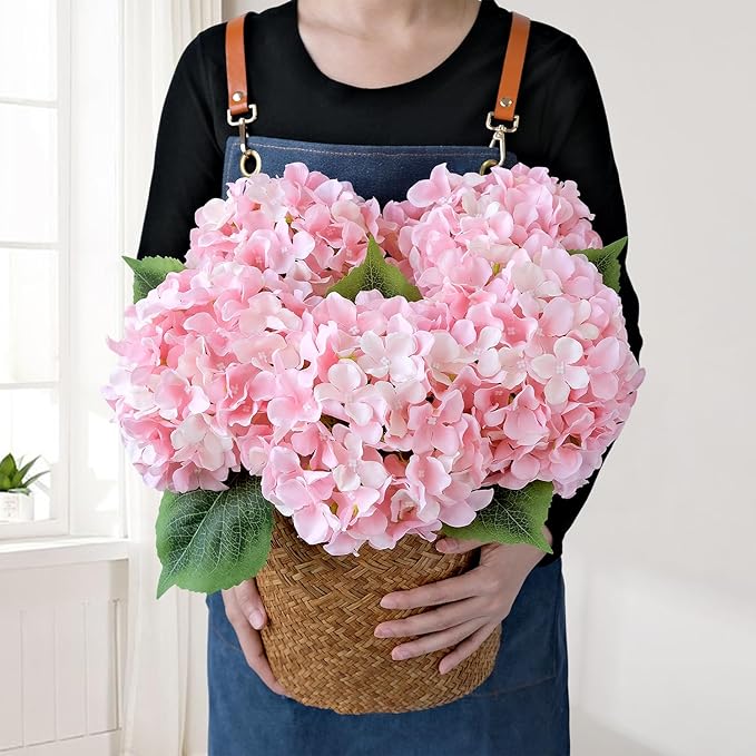 JINWOE Light Pink Flowers Silk Artificial Hydrangeas, 5Pcs 20Inch Lifelike Large Flowers with Stems, Full Artificial Flowers for Wedding Bouquet Table Centerpieces Spring Home