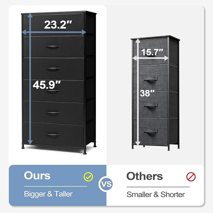 Crestlive Products Dresser for Bedroom with 6 Drawers, Tall Chest of Drawers, Black Dressers Bedroom Furniture, Storage Organizer Unit with Bins for Closet, Hallway, Living Room, Entryway