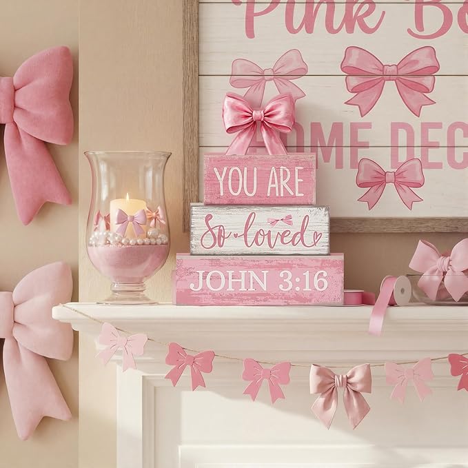 Lineshading 4 Pcs Christian Table Decor Pink Bow Wooden Block Signs Set "you Are So Loved John 3: 16” Christian Gifts for Women Coquette Aesthetic Bow Centerpieces for Home Office Shelf Decorations