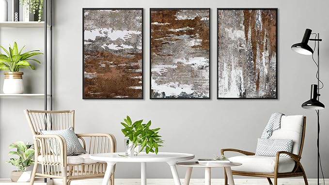 Large Framed Canvas Wall Art - Rustic Brown and White Abstract Pictures for Living Room Aesthetic Vintage Wall Decor Retro Prints for Bedroom Dinning Room Black Float Framed 16" X 24" X 3 pcs