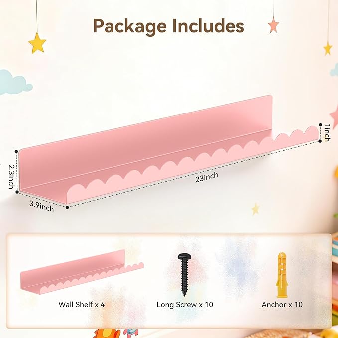 Floating Shelves for Wall, 23 Inch Metal Nursery Book Shelves 4 Pack, Wall Mounted Book Shelf for Kids Room, Bedroom, Bathroom, Playroom Decor (Pink)