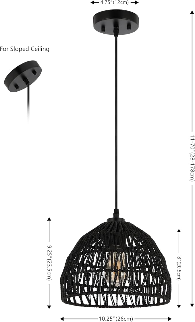 JONATHAN Y 10.25" Black Modern Bohemian Woven Rope LED Pendant Light Fixture, Adjustable Dome Ceiling Lamp for Kitchen Island, Rope Shade, Coastal Farmhouse Decor (JYL6513B)