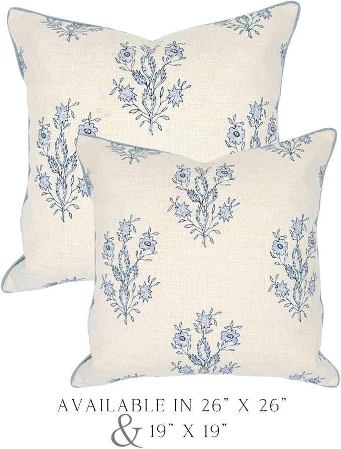 Jillien Harbor "The Mary Block Print Floral Decorative Pillow Cover – Double-Sided Blue & White Periwinkle Accent Pillow Cover – Grandmillennial Home Decor – 26"x26"