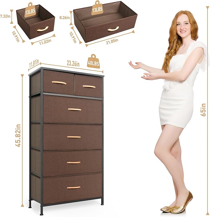 Mifuro Tall Dresser for Bedroom, Vertical Storage Organizer Tower with 6 Drawers, Chest of Drawers with Fabric Bins, Steel Frame, Wood Top for Bedroom, Closet, Entryway- Brown