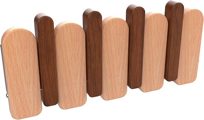 Wall Mounted Coat RackHooks Piano Key Hangers Natural Solid Wood Hanger Non-Woven Fabric Clothes Hangers for Closet, Kitchen, Bedroom, Bathroom, Entryway (Moon Walnut-Beech, 4 Hooks)