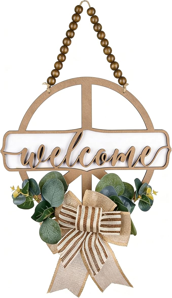 CondorPasea 12 Inch Round 3D Welcome Door Sign, 0.4" Thick Solid Wood Front Door Welcome Sign with Artificial Greenery, Buffalo Plaid Bow & Rustic Beads, Farmhouse Porch Home Décor, Hanging Welcome Home Sign