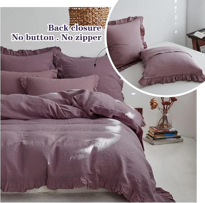 Simple&Opulence 100% Linen Euro Sham Covers with Ruffle, 26x26 Inch Pillow Covers Set of 2, Euro Pillow Shams for Bed Couch French Home Decor Luxury and Breathable Square Pillow Cases, Purple
