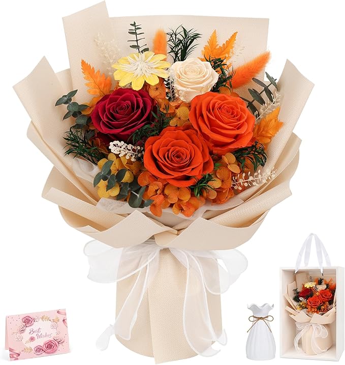 Flowers for Delivery Prime Preserved Flowers Bouquet with Vase That Last 3-5 Years Real Forever Flowers Rose Bouquet for Mom Mother Women Wife Friends Birthday Mother's Day (Orange)