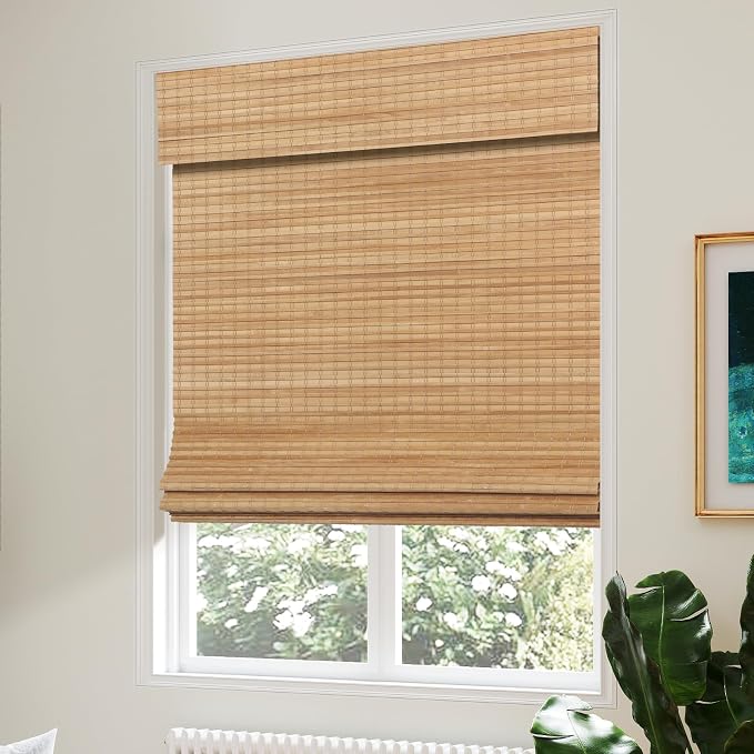 AGESISI Bamboo Roman Shades with Valance Cover, Cordless Blinds for Indoor Windows, Blackout Woven Wood Shades for Home & Patio, Privacy Protection, 36" W x 64" H, Carbonized