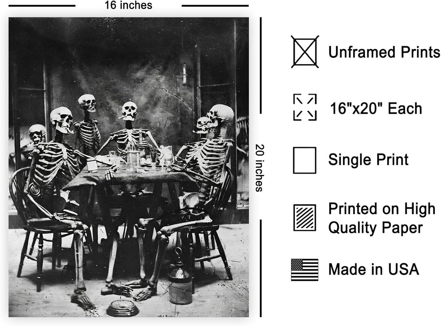 Poster Master Vintage Skeletons Smoking Poster - Retro Dinner Party Print - Skeleton Art - Halloween Art - Gift for Him & Her - Gothic Decor for Dorm, Living Room or Bedroom - 16x20 UNFRAMED Wall Art