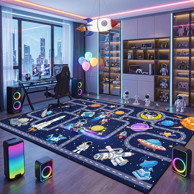 Space Rug 6x9 Feet, Kids Area Rugs for Bedroom Playroom, Solar System Outer Space Carpet for Boys Room, Educational Galaxy Planet Nursery Decor Floor Mat, Non Slip