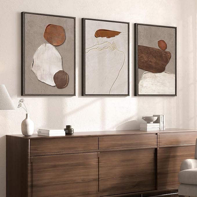 Large Framed Neutral Abstract Wall Art, 3 Piece Rustic Beige and Brown Canvas Prints Paintings Artwork for Walls, Minimalist Stone Pictures for Living Room Hallway Stair Office Wall Decor 20x30 In