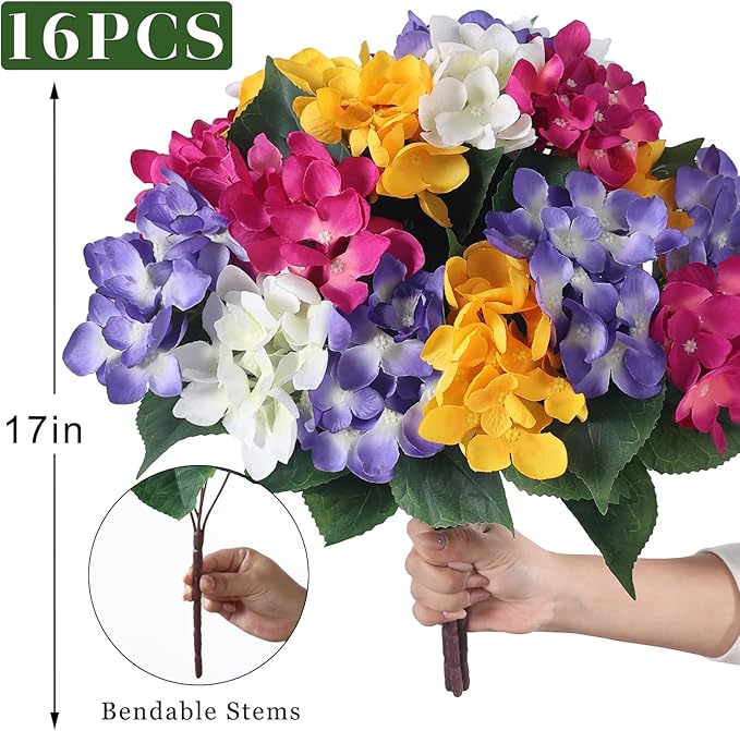 16 Bundles Artificial Hydrangea Flowers for Outdoor Decor, Realistic Faux Silk Bouquets Sun-Resistant Fake Plants for Front Door Balcony Farmhouse Garden Home Spring Summer Decor (Mixed Color)