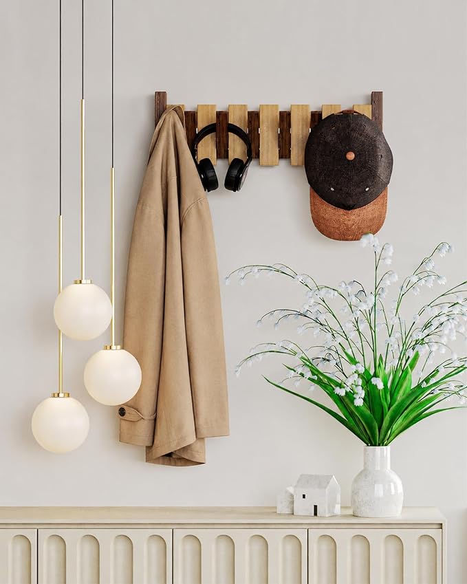 Coat Rack Wall Mount Wood, Wood Coat Rack Wall Mount with 6 Flip-Down Magnetic Hooks Piano Wall Coat Hanger for Entryway, Bathroom, Bedroom, Kitchen