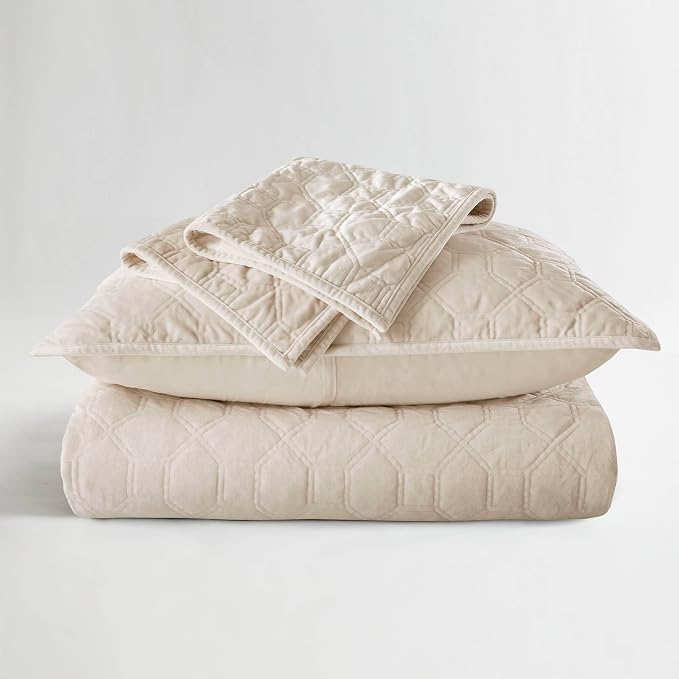 Madison Park Harper Quilt Set Velvet Casual Geometric Stitching Design All Season, Lightweight Coverlet, Cozy Bedding, Matching Shams, Full/Queen(90"x90"), Ivory 3 Piece