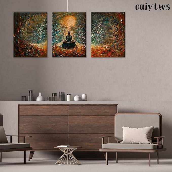 Framed Abstract Yoga Meditation Wall Art Set of 3Piece Canvas Poster Prints Painting, Vibrant Colorful Energy Flow, Tranquil Woman in Meditation for Home, Yoga Meditation Room,Office,Bedroom,16X24in