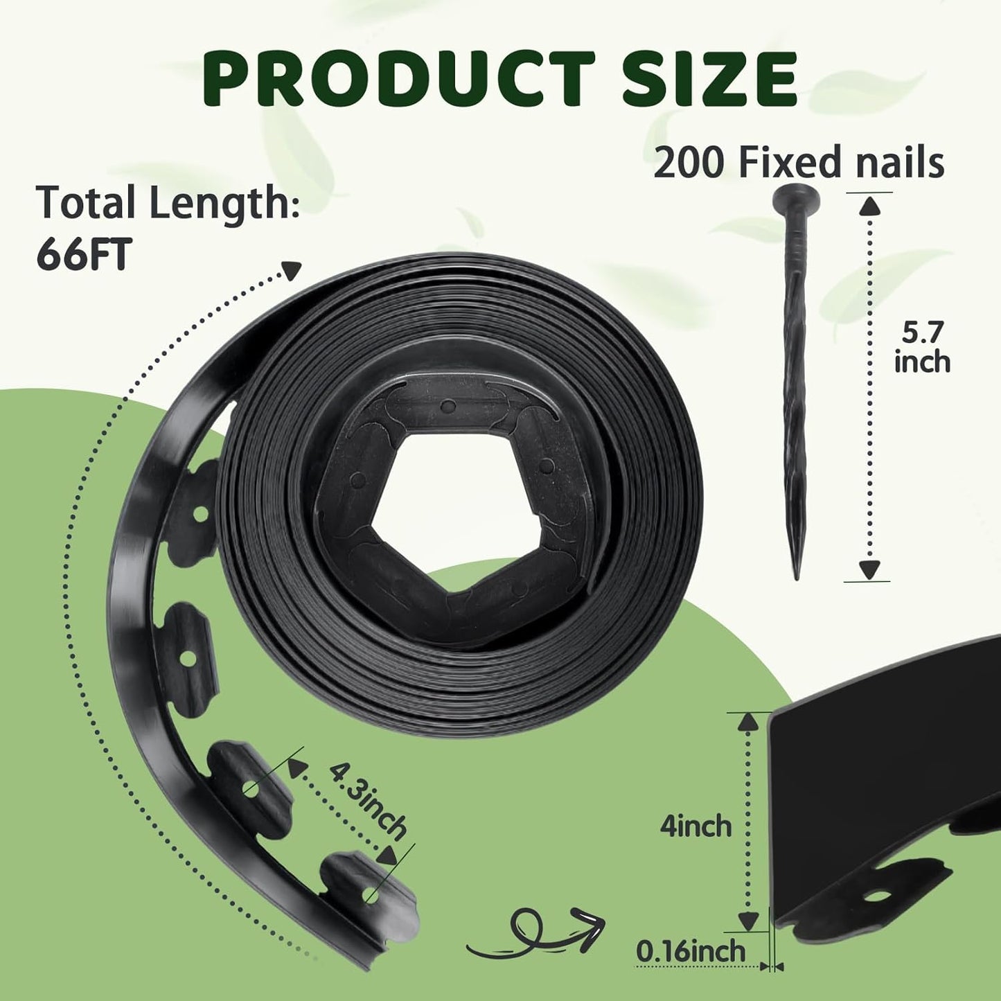 Landscape Edging - 4Inch x 66FT Garden Border with 200 PCS Spikes, Plastic Lawn Edging for Flower Bed, Pathway and Yard