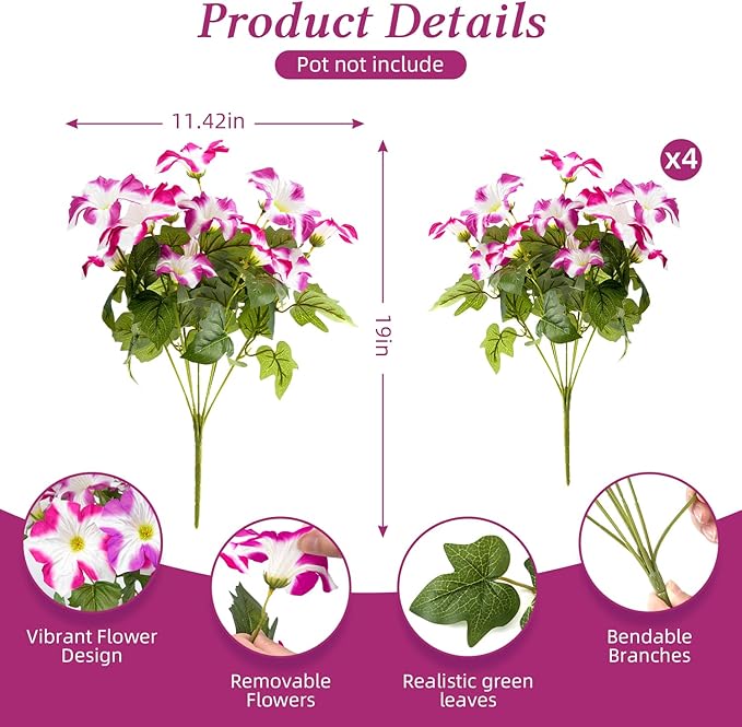FULLMUSIC Spring Artificial Flowers for Outdoors, UV Resistant Fake Morning Glory, Look Real Faux Silk Plants for Front Door Garden Porch Planter