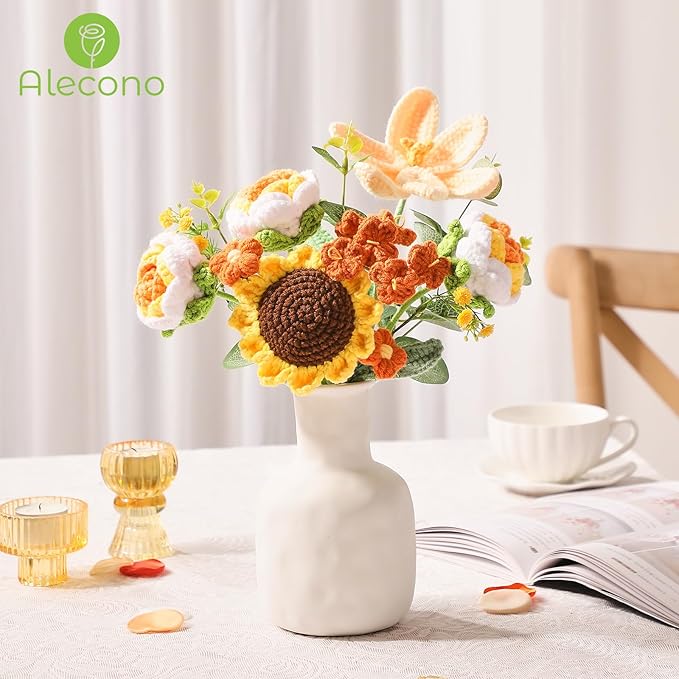 Alecono Crochet Flower Bouquet, Orange Knitted Flowers, Crochet Sunflower Flower for Lover Valentines Day Anniversary Birthday Party Mother's Day Graduation Gifts (Include Card)
