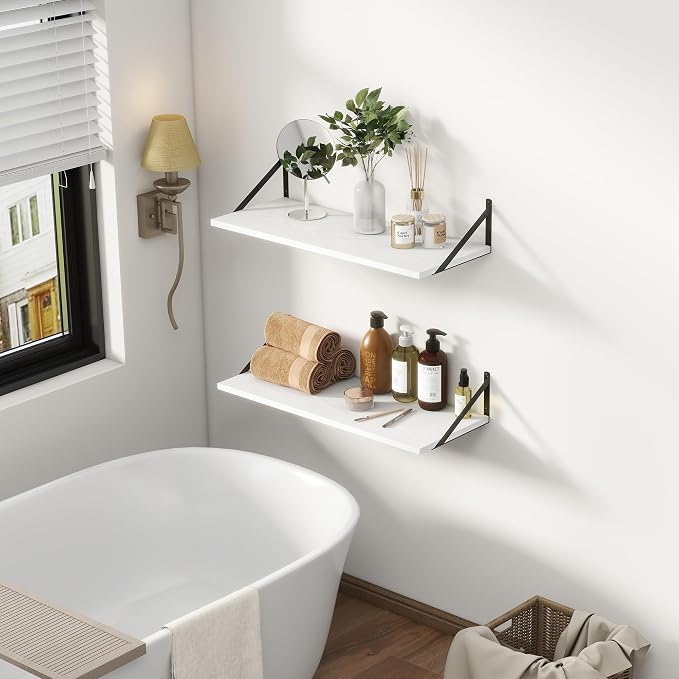 12 Inch Deep Floating Shelves, 30W x 12D Wall Shelves with Brackets, White Floating Shelves 30 Inch Long, Rustic Wood Wall Shelf, Wide Storage Display Shelf for Kitchek, Living Room, Bathroom