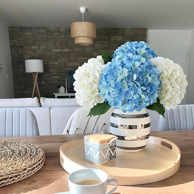 JINWOE Silk Flowers Hydrangea Artificial Flowers, 4Pcs 22Inch Large Lifelike Faux Flowers, Full Fake Artificial Hydrangeas with Stems for Bouquet Table Centerpieces Home Decoration (White/Blue)
