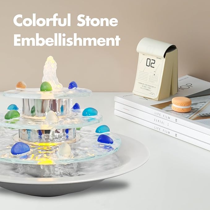 Pamopamo Indoor Tabletop Fountain 3-Tier Waterfall, Zen Meditation Fountains with LED Light, Home Desktop Soothing Sound Meditation Relaxing Water Feature for Office Room Table Decoration