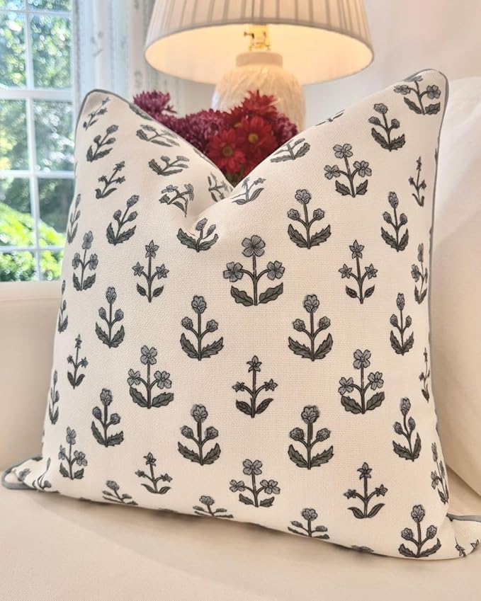 Jillien Harbor "The Beau” Floral Block Print Pillow Cover – Blue Decorative Throw Pillow Cover with White Background – Grandmillennial Home Decor, 20" x 20"