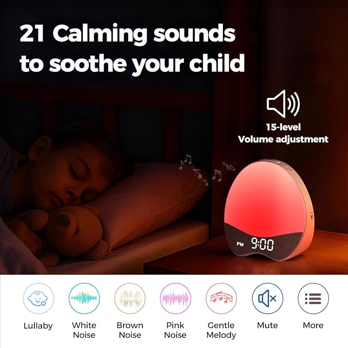 Ok to Wake Alarm Clock for Kids, Sleep Trainer with Night Light, White Noise Sound Machine, Dimmable Digital Display, 21 Soothing Sounds, Gentle Wake-up, Child Lock, for Kid, Toddler, Bedside, Bedroom