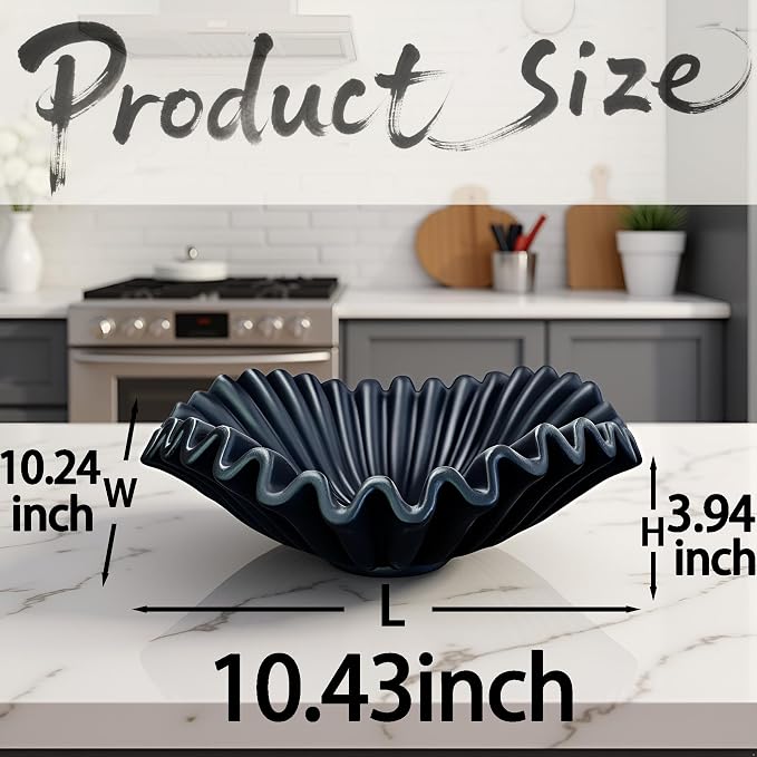 Large Decorative Handmade Bowl Decor, Modern Home Decoration, Fan Shaped Bowl, Ruffle Decor, Stylish Key Bowl for Entry Table, Decorative Fruit Bowl for Kitchen Counter, Black
