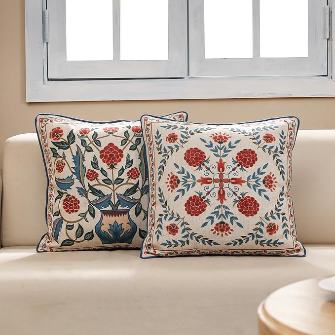 patdrea French Vintage Linen Throw Pillow Cover,18"x18",Set of 2-Puno A | Elegant Decorative Pillow Case with Zipper,Elegant Floral Pattern,Pillow Cover for Couch Living Room Bedroom Sofa