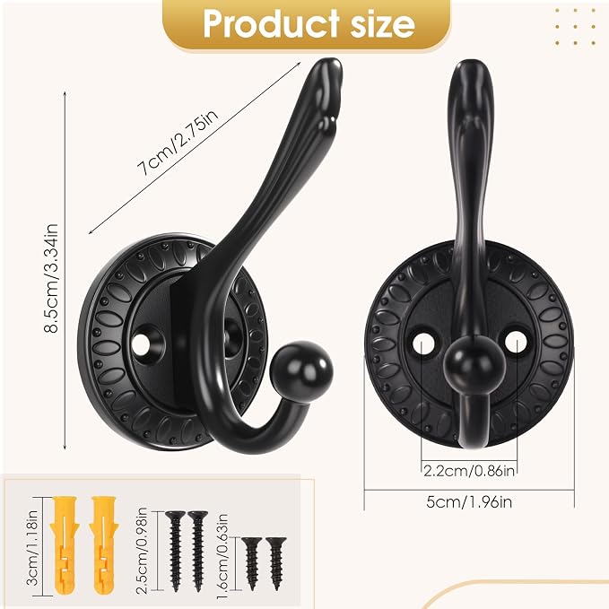 Matte Black Heavy Duty Wall Hooks – 6 Pack Black Coat Hooks for Hanging Coats,Robes,Bags,Hats,Wall Mounted with Includes Two Types of Installation Screws YDB