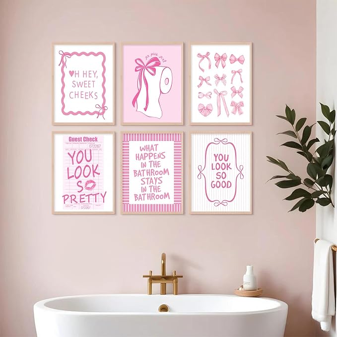 Pink Bow Bathroom Wall Art Decor Girl Coquette Posters Preppy Cute Pictures | Girly Bathroom Canvas Wall Art Pink Bowknot Aesthetic Poster Toilet Paper Prints for Washroom Restroom 8x10x6 Inch Unframed