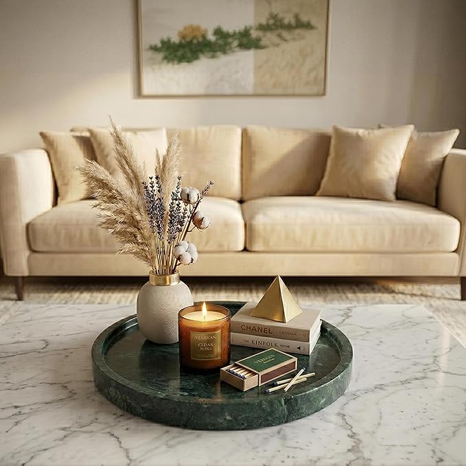 Natural Marble Decorative Tray for Bathroom Bedroom Kitchen, Large 10.6" Round Vanity Trays for Jewelry, Perfume, Cosmetic, Candle, Countertop Storage Organizer for Home Decor Green (WH110)
