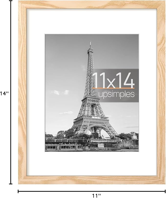 upsimples 11x14 Picture Frame, Display Pictures 8x10 with Mat or 11x14 Without Mat, Wall Hanging Photo Frame, Natural, 1 Pack