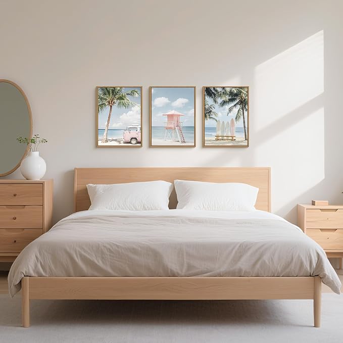 Beach Seascape Ocean Framed Canvas Wall Art Set,Modern Coastal Surfboard Palm Tree Wall Decor,Summer Pink Van Artwork for Living Room,Bedroom,Dining Room,Office -12"x16"x3