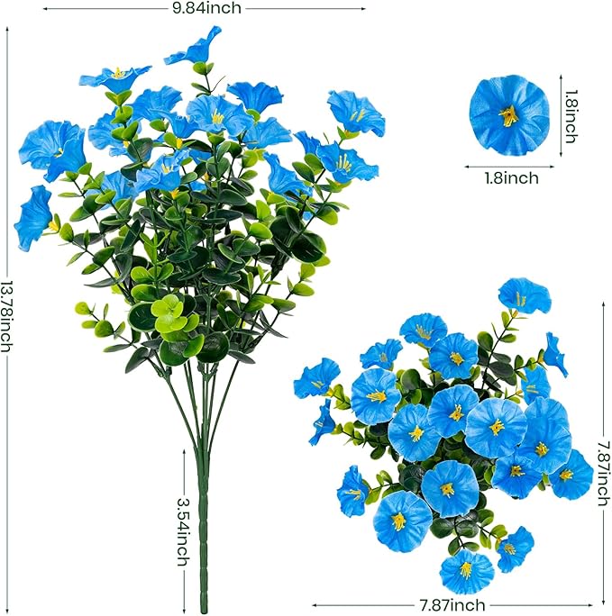 Nigirior Artificial Faux Flowers for Outdoor 16 Bundles Boxwood Fake Morning Glory for Planter,UV Resistant Fake Flowers for Home Porch Patio Outside（Blue）