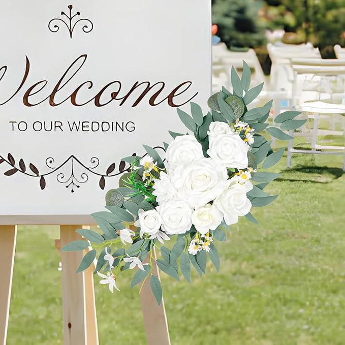 Wedding Arch Faux Flowers Set of 2, Wedding Welcome Signs Greenery Garland Decoration for Ceremony, Reception, Backdrop (White)