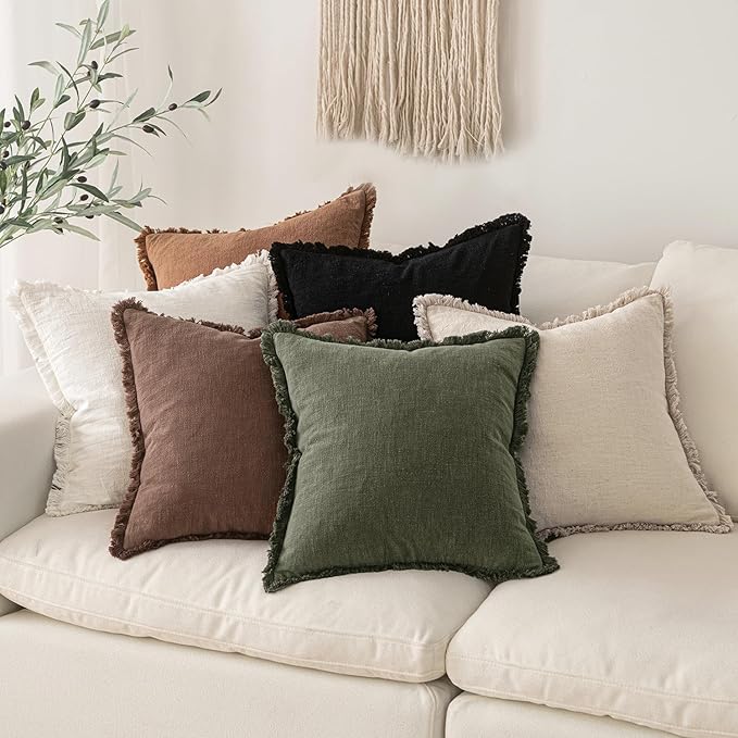 MIULEE Decorative Throw Pillow Covers Neutral Linen Fringe Throw Pillows Euro Shams Set of 2 Black Boho Farmhouse Cushion Covers for Couch Sofa Bed Living Room Spring Home Decor 24x24 Inch