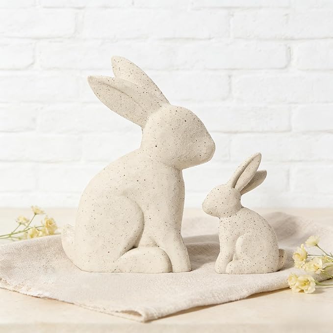 DN DECONATION Easter Decorations White Bunny Decor Rabbit Figurines, Wabi Sabi Easter Bunny Statue Set of 2 for Spring Tabletop Home Decor Farmhouse Shelf Mantel, Pressed Wood Sculpture