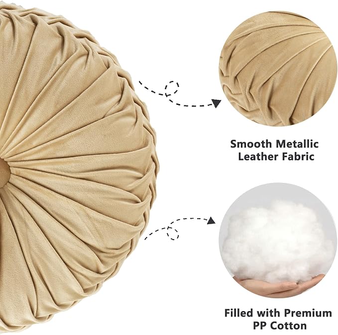 HIG Set of 2 Decorative Round Pleated Throw Pillows,Classy Accent Pumpkin Throw Pillows with Center Button,Vintage Velvet Floor Pillows for Sofa Vanity Chair Bed,Apricot,14.5" Diameter(Ripple)